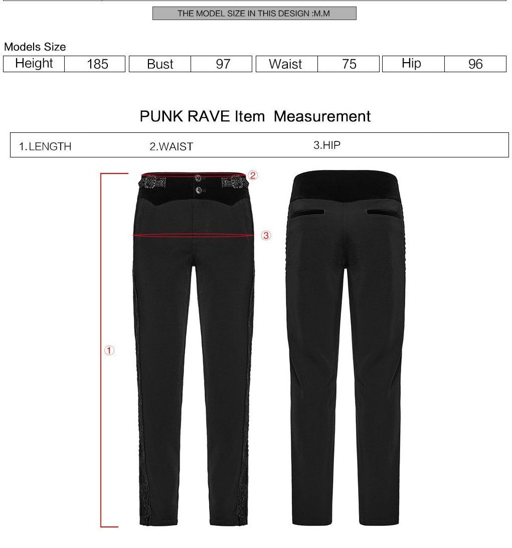 Punk Rave WK-757 gothic trousers with length, waist and hip measuring instructions.