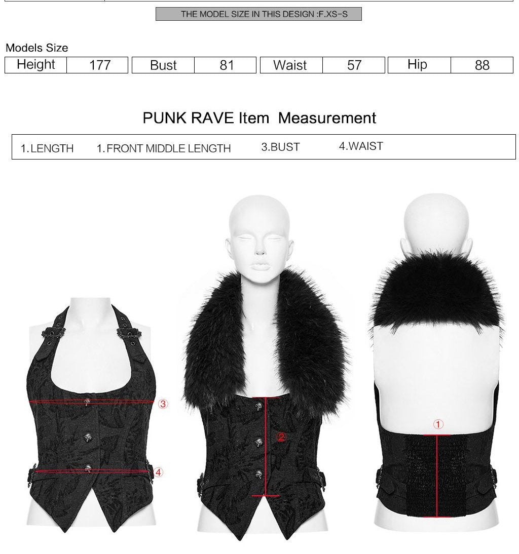 Punk Rave OY-1778 gothic vest with measurement instructions for length, front middle length, bust and waist.