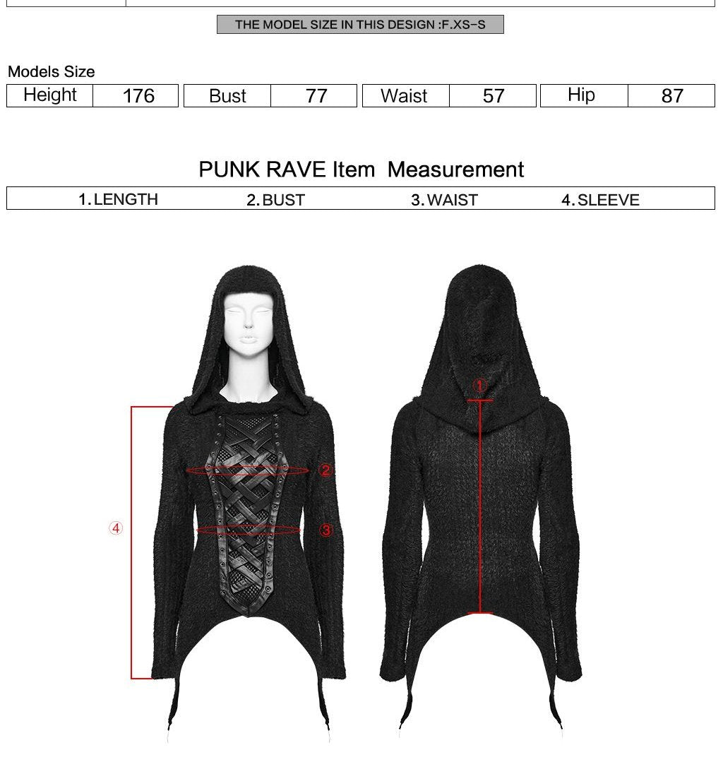 Punk Rave WT-958 gothic top with measurement instructions for length bust waist and sleeve.