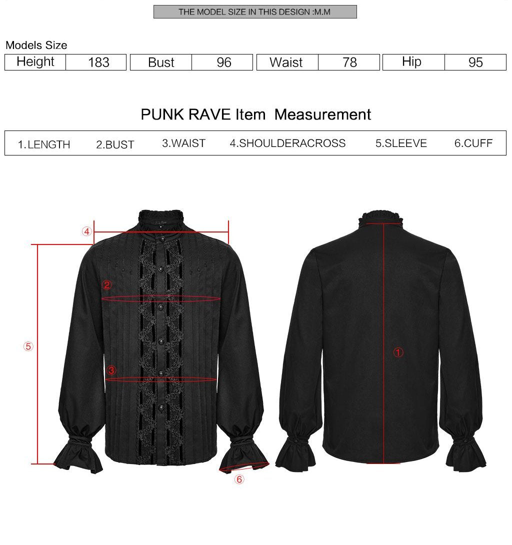 Punk Rave WY-1883 black gothic shirt with measurement instructions for length, bust, waist, shoulder across and sleeve.