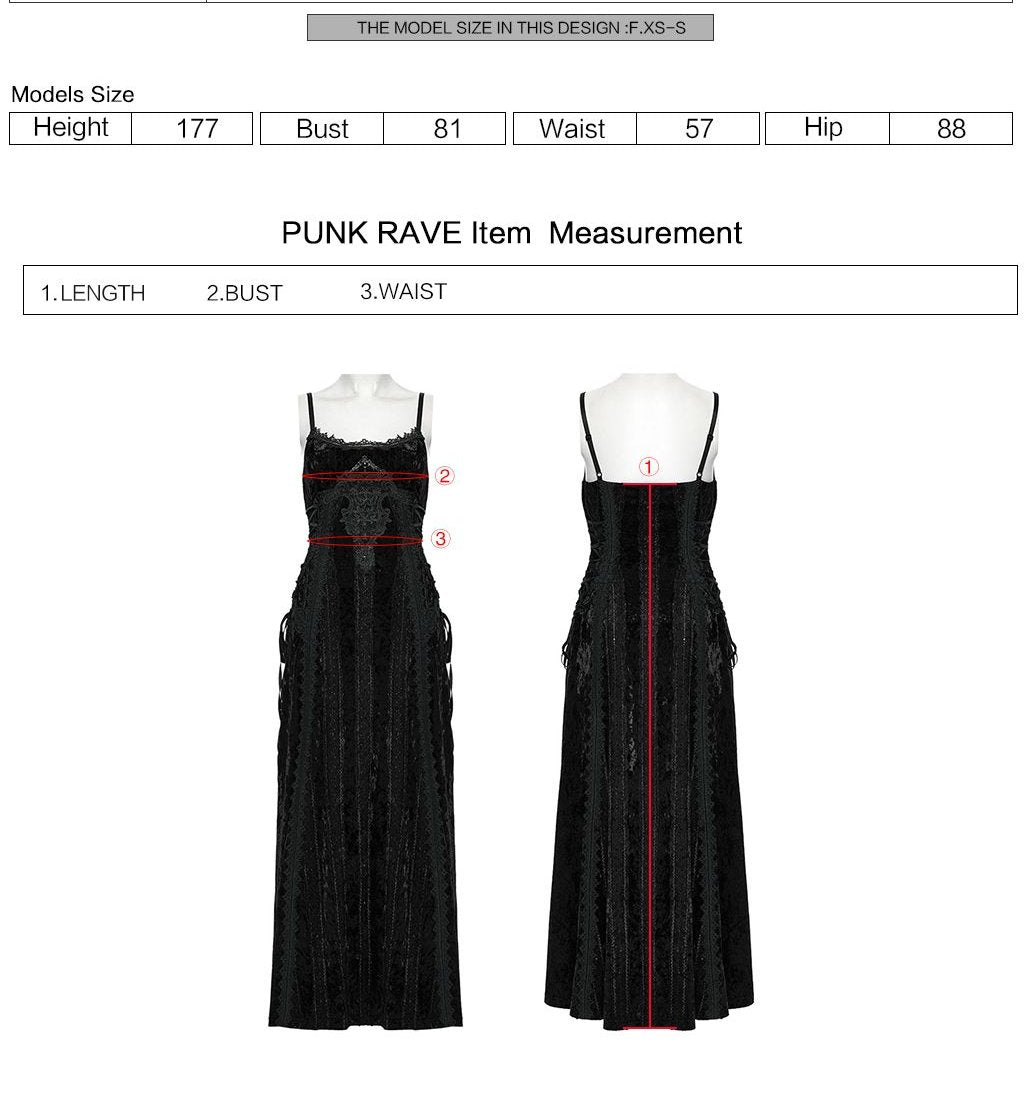 Punk Rave OQ-856 romantic gothic dress in black showcasing how to measure length, bust and waist.