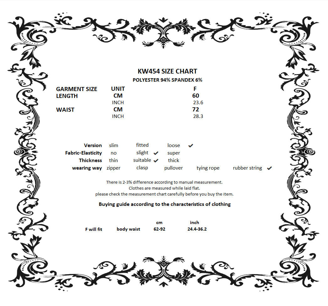 Dark in Love KW454 gothic maxi skirt size guide image with measurement details.