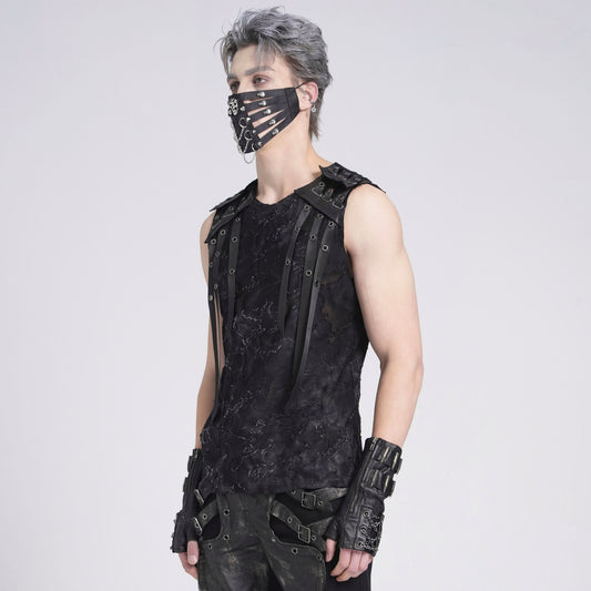 Devil Fashion TT292 distressed men's tanktop in black side view showing metal rings on the shoulder straps.