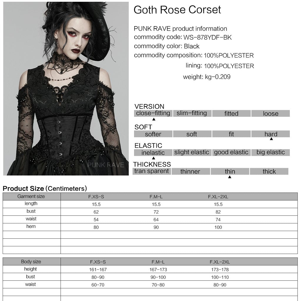 Punk Rave WS-878 black gothic underbust corset with product, material and size information.