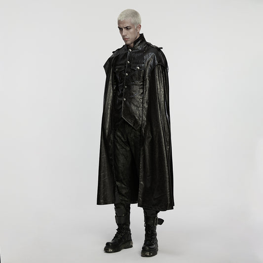 Punk Rave WY-1876 mens black gothic post apocalyptic style cape coat worn by a model in a side view.