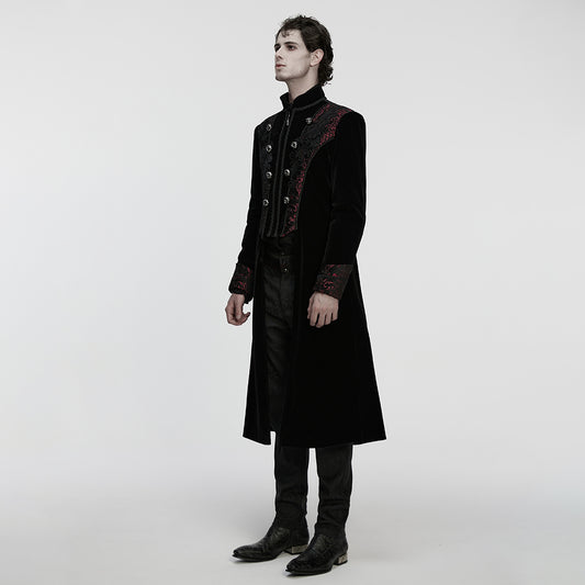Punk Rave WY-1878 black and red velvet brocade mens jacket side view in Victorian Gothic style.