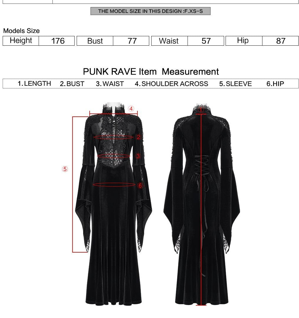 Punk Rave WQ-898 black gothic dress with measurement instructions for length, waist, bust, shoulder across, sleeve and hip.