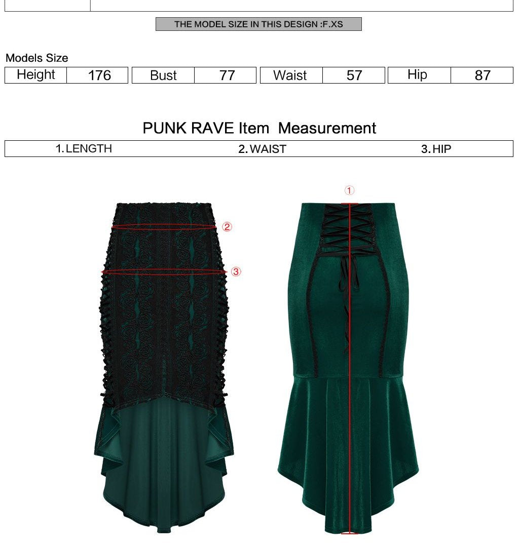 Punk Rave WQ-876 alternative green and black midi skirt with measurement instructions for length waist and hip.