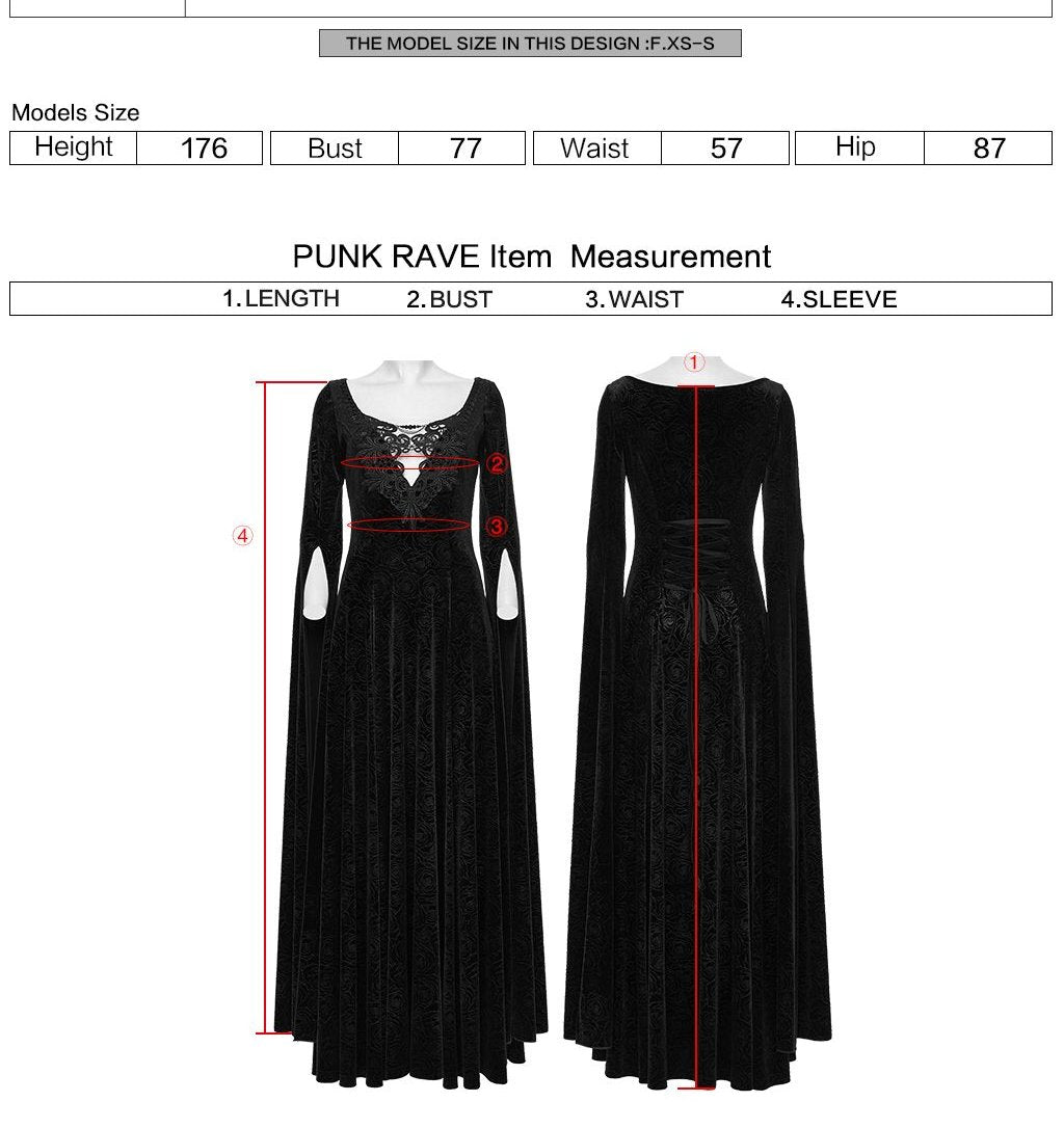 Punk Rave WQ-896 black velvet long dress measurement guide showing where to measure bust, waist and sleeve.