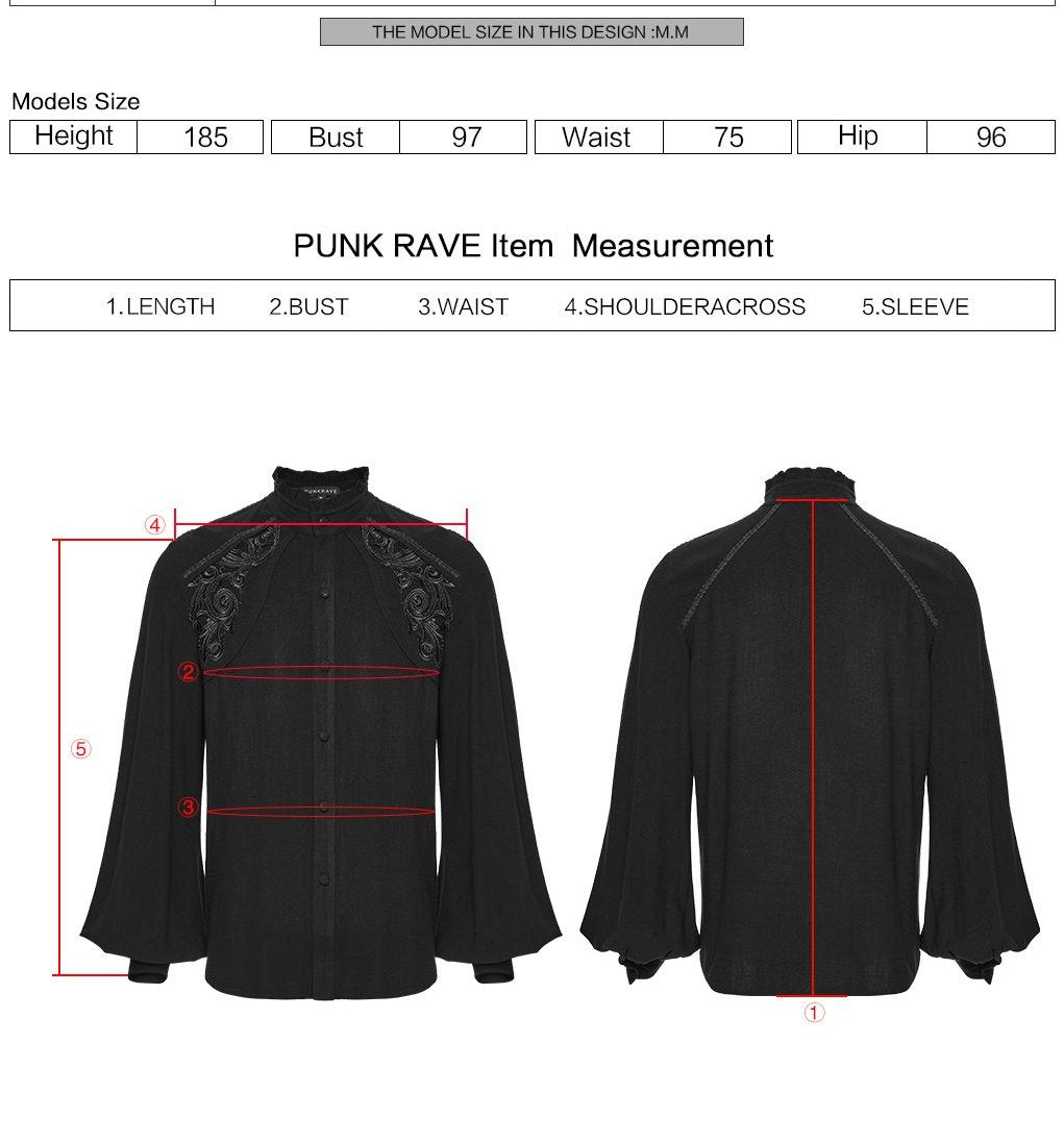 Punk Rave WY-1875 measurement instructions for length, bust, waist, shoulder across and sleeve.