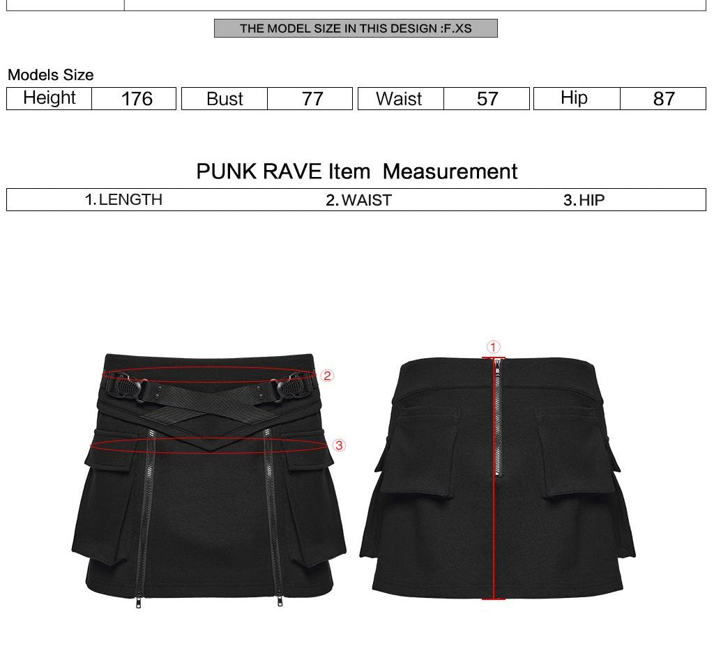 Punk Rave WQ-918 techwear mini skirt with length, waist and hip measuring instructions.