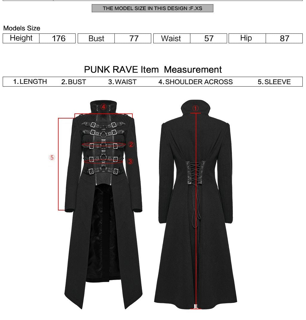 Punk Rave WY-1814 measurement instructions for jacket length, bust, waist, shoulder across and sleeve.