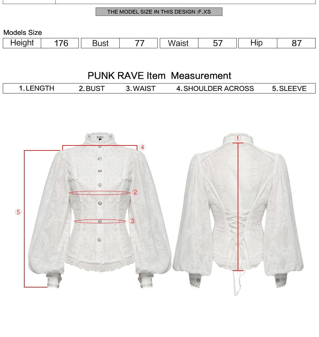 Punk Rave WY-1805 gothic blouse with measurement instructions for length bust waist shoulder across and sleeve.