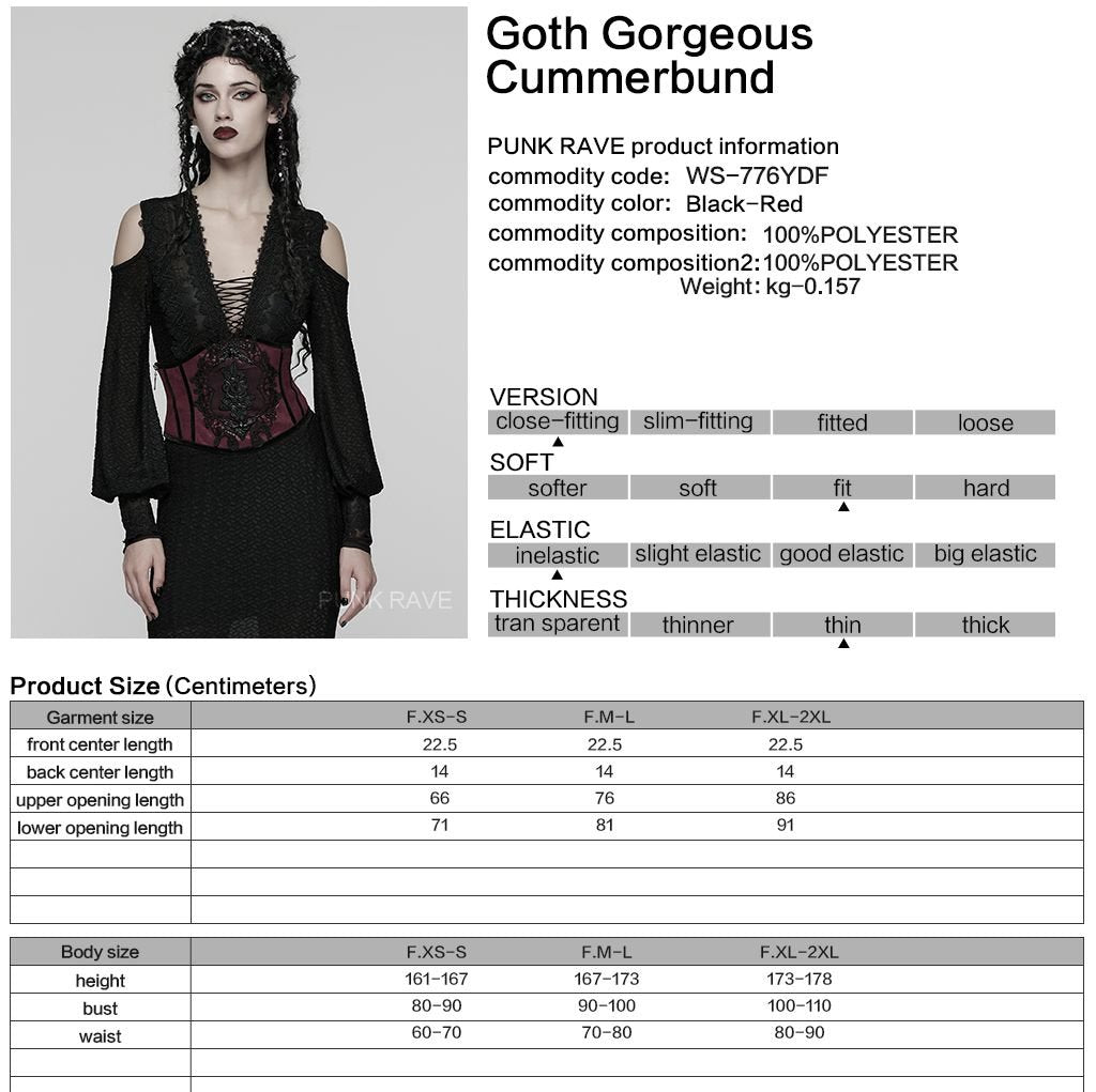 Punk Rave WS-776 red and black Victorian underbust corset with product material and size information.