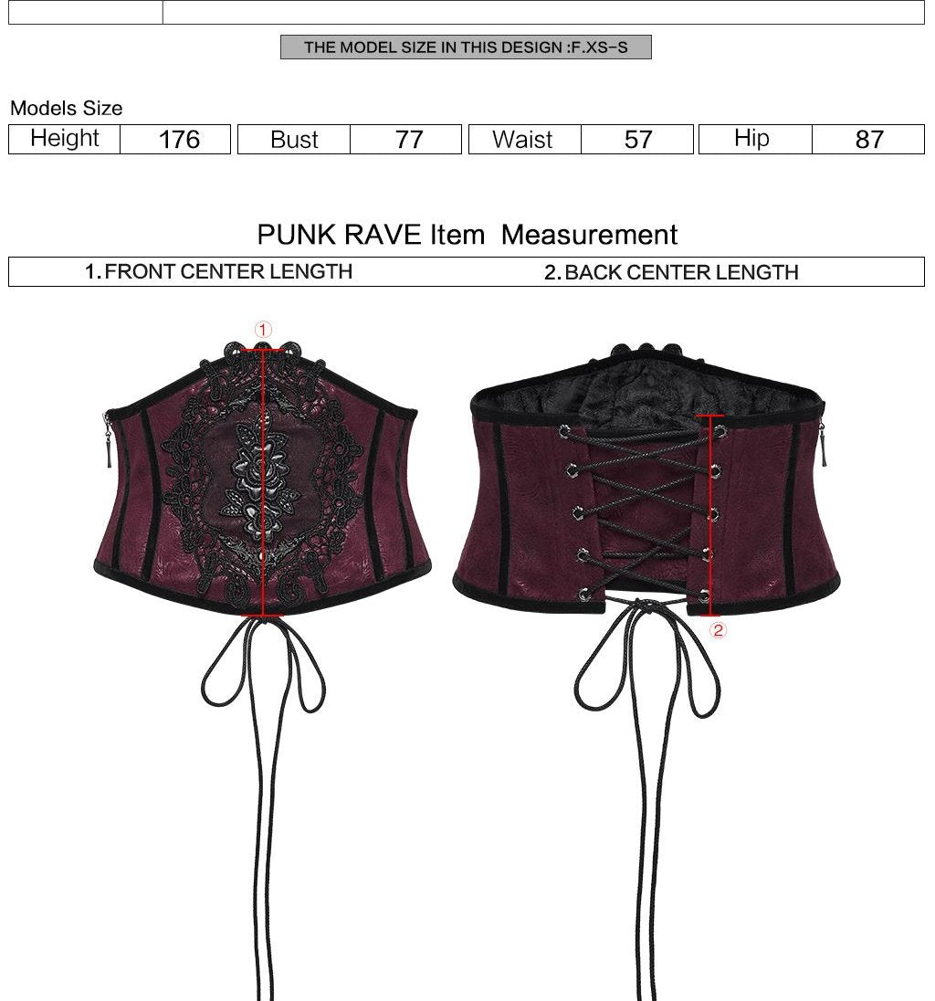 Punk Rave WS-776 red and black Victorian underbust corset with measurement instructions for front center length and back center length.