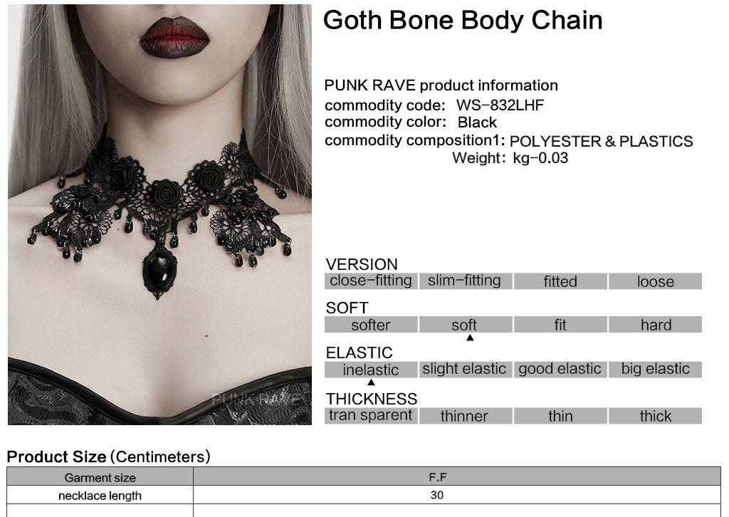 Punk Rave WS-832 black gothic choker with product, material and size information.