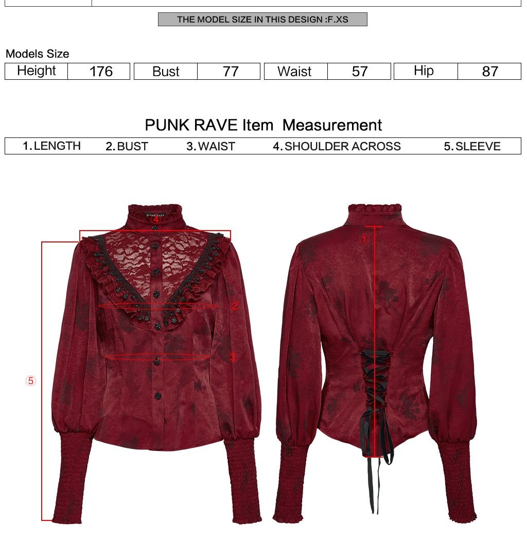 Punk Rave WY-1818 measurement instructions for blouse length, bust, waist, shoulder across and sleeve.
