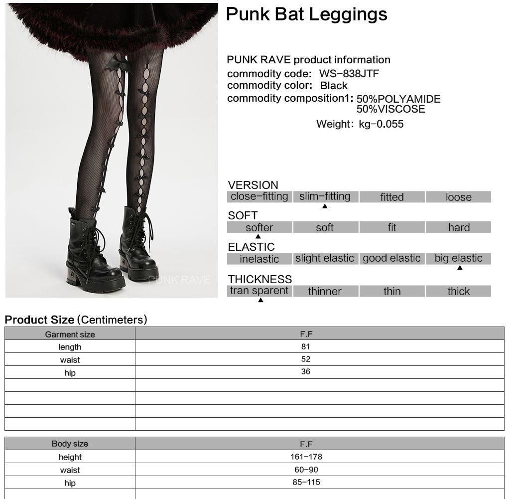 Punk Rave WS-838 black gothic tights with product, material and size information.