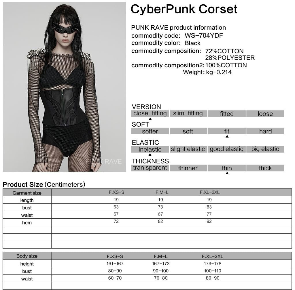 Punk Rave WS-704 techwear corset belt with product material and size information.