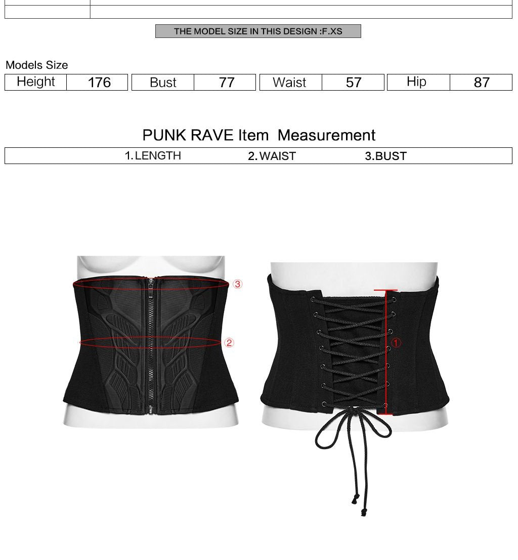 Punk Rave WS-704 techwear corset belt with measurement instructions for length waist and bust.
