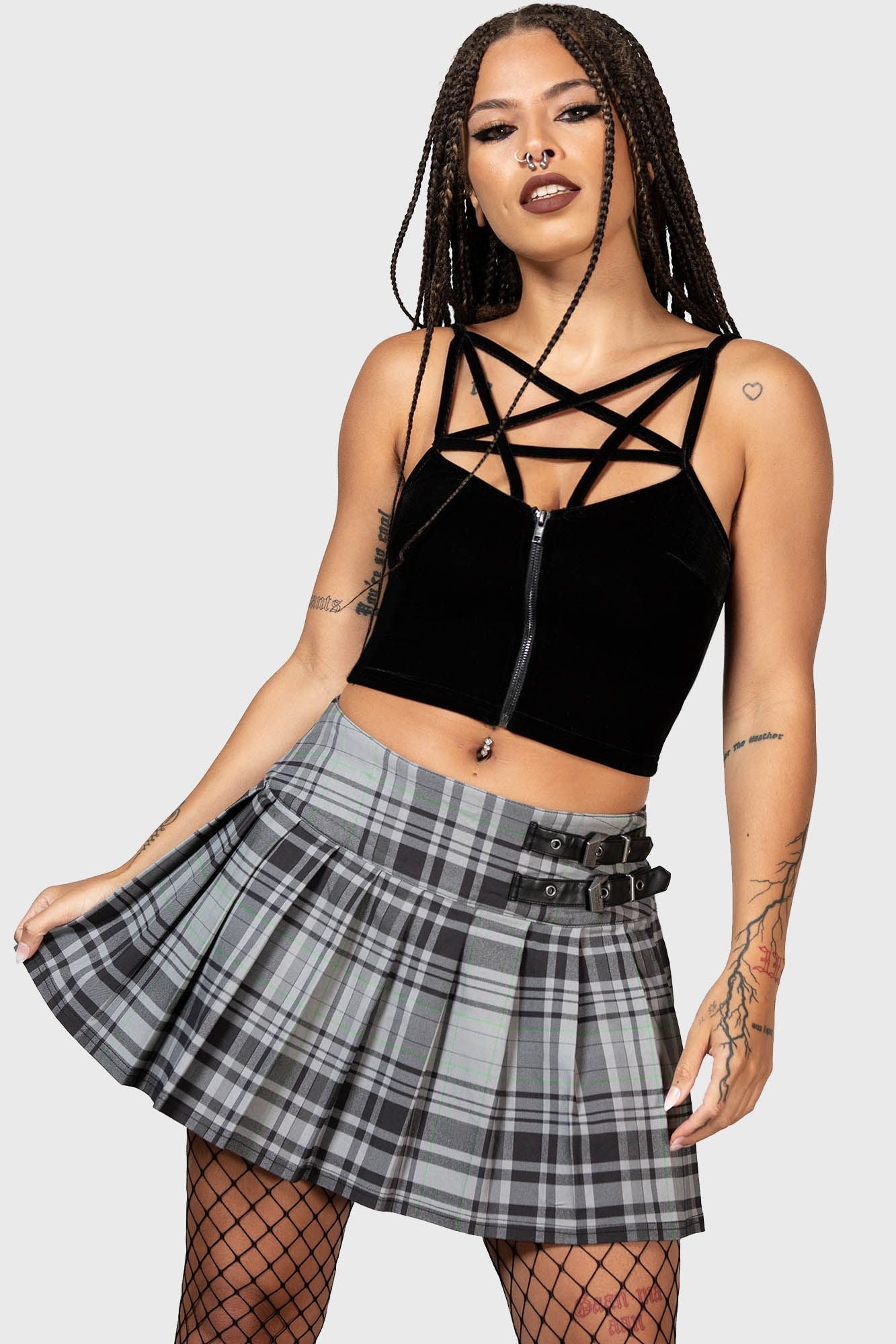 Killstar Bat Girl Skirt Grey Tartan