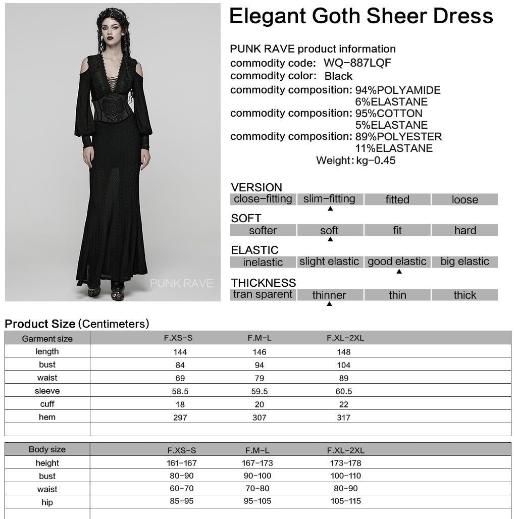 Punk Rave WQ-887 gothic maxi dress with product material and size information.