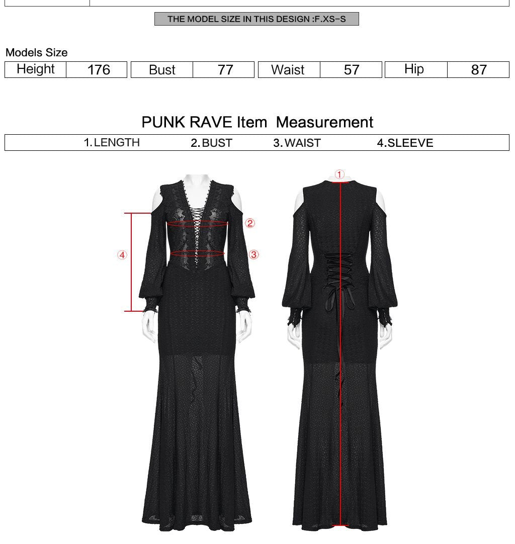 Punk Rave WQ-887 gothic maxi dress with measurement instructions for length bust waist and sleeve.