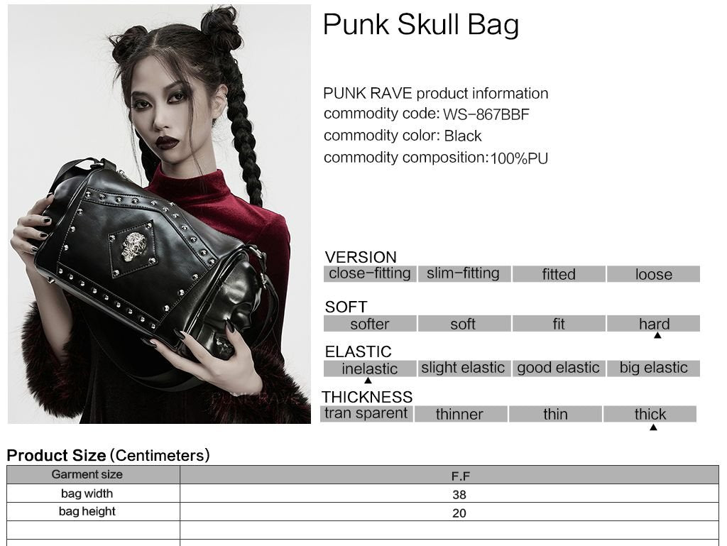 Punk Rave WS-867 gothic shoulder bag with product material and size information.