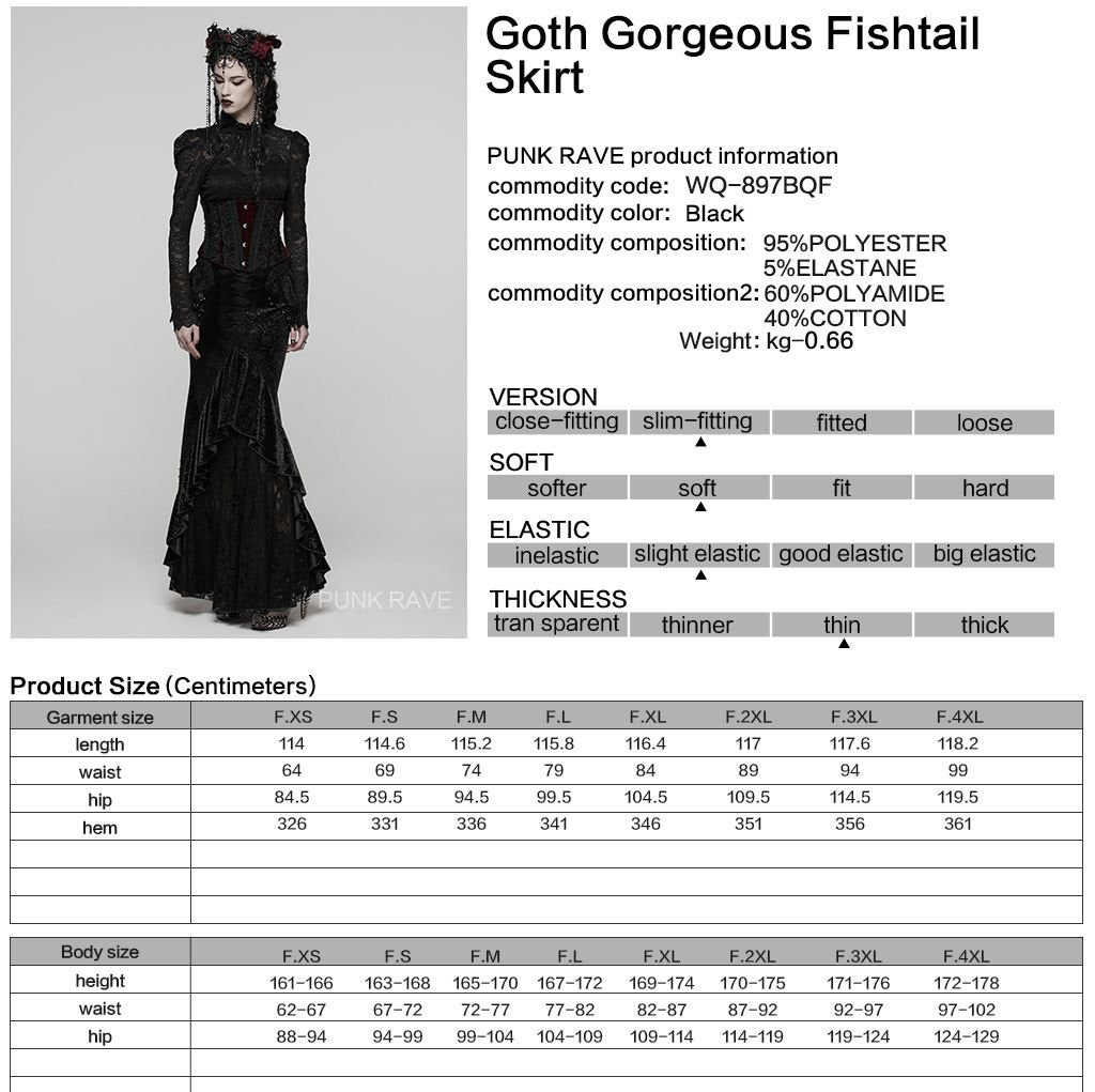 Punk Rave WQ-897 gothic long skirt with product, material and size information.