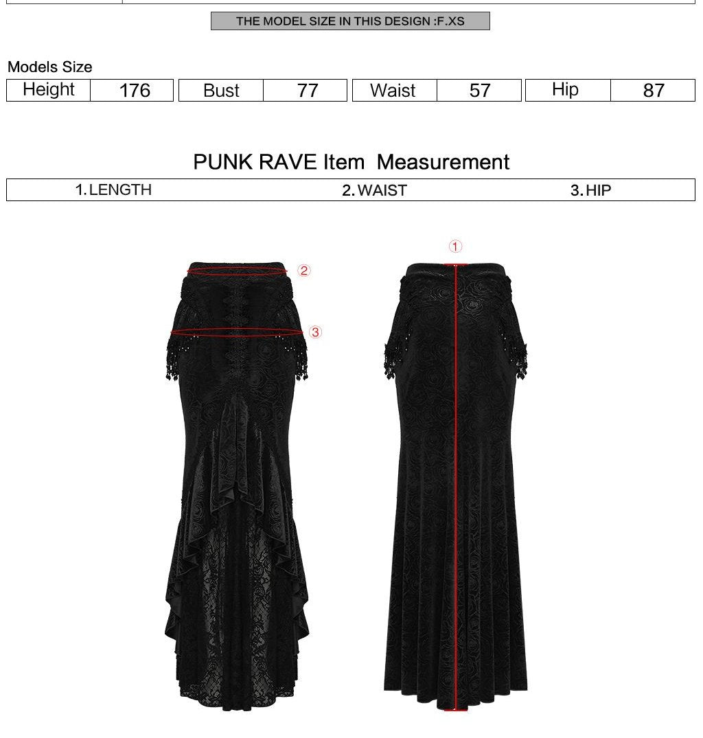 Punk Rave WQ-897 long skirt with trumpet silhouette and measurement instructions for length, waist and hip.