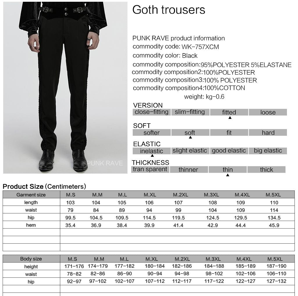 Punk Rave WK-757 gothic trousers with product, material and size information.