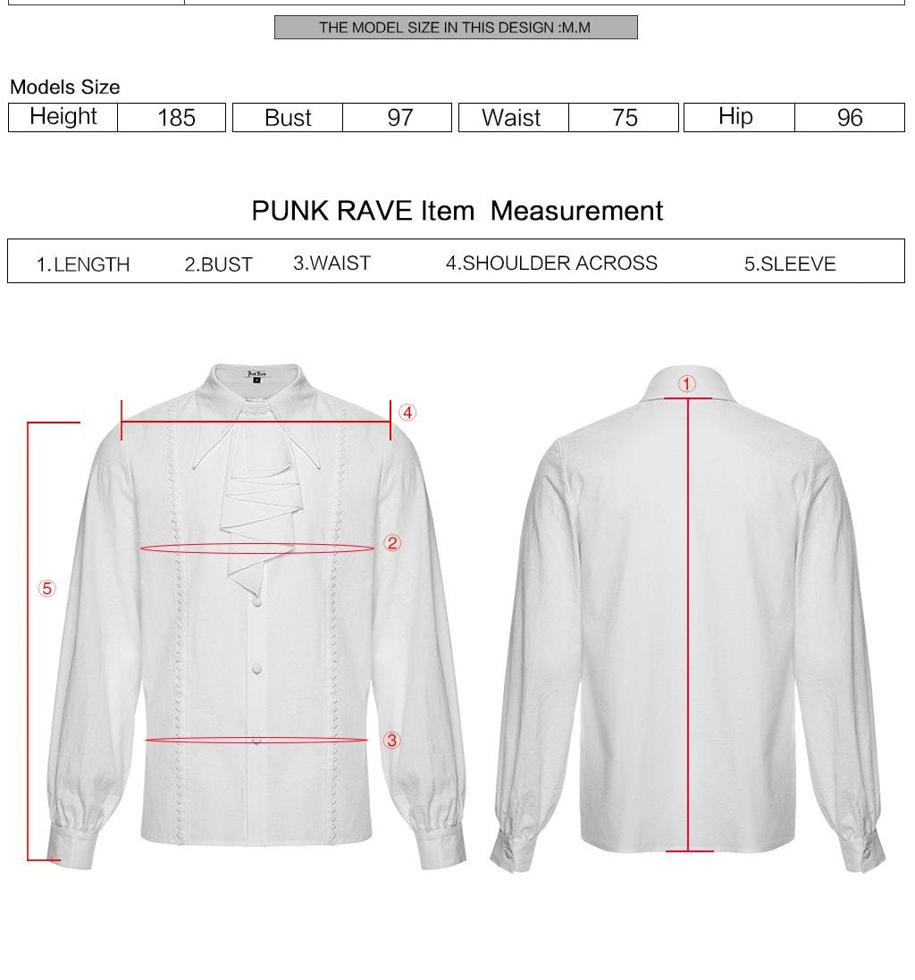 Punk Rave WY-1855 Victorian shirt with measurement instructions for length bust waist shoulder across and sleeve.