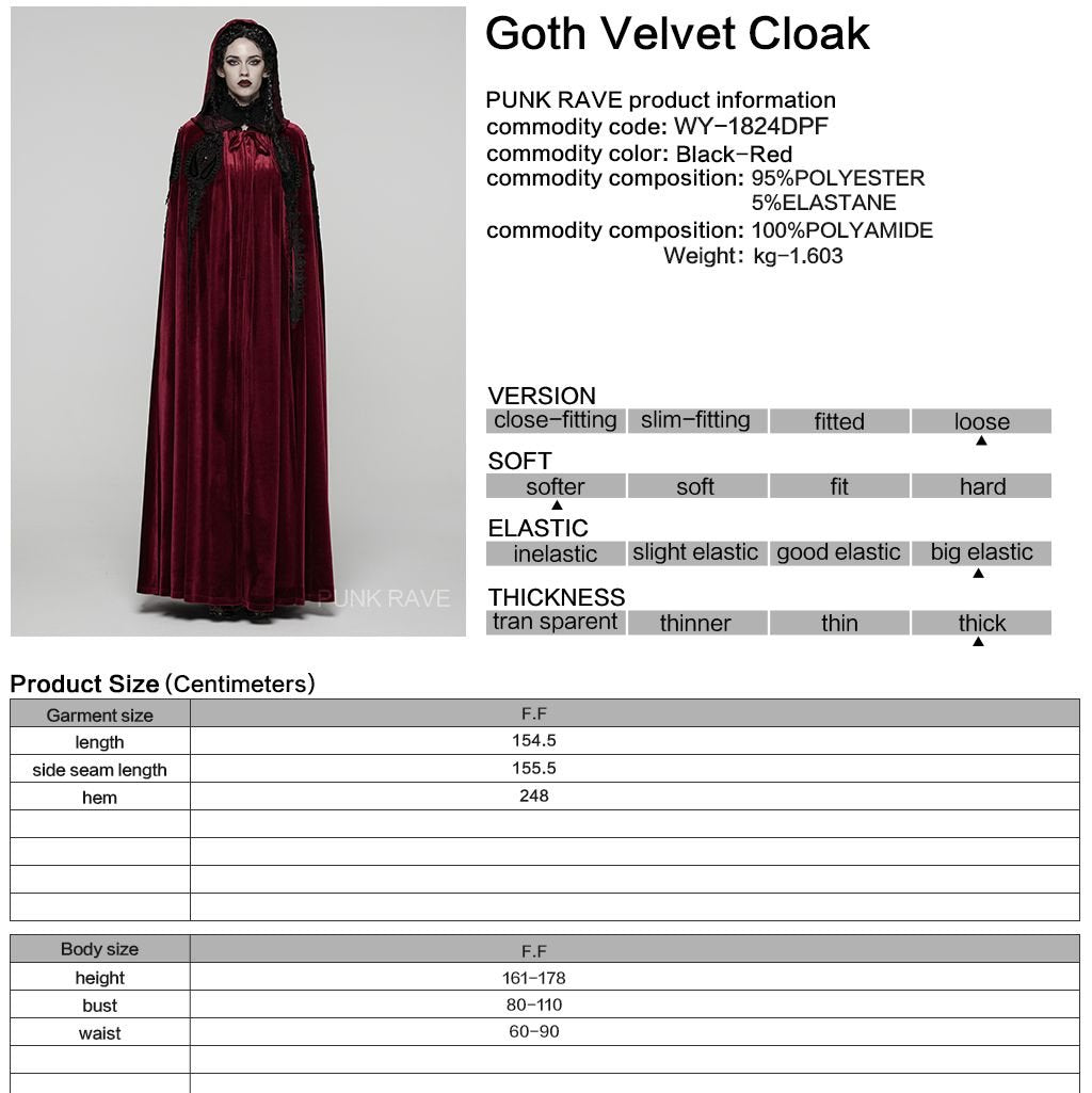 Punk Rave WY-1824 gothic cape with product material and size information.