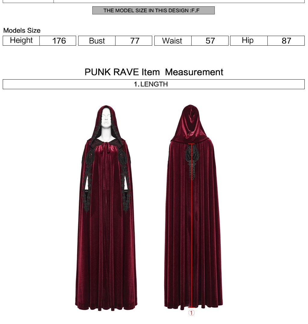 Punk Rave WY-1824 gothic cape with measurement instructions for length.