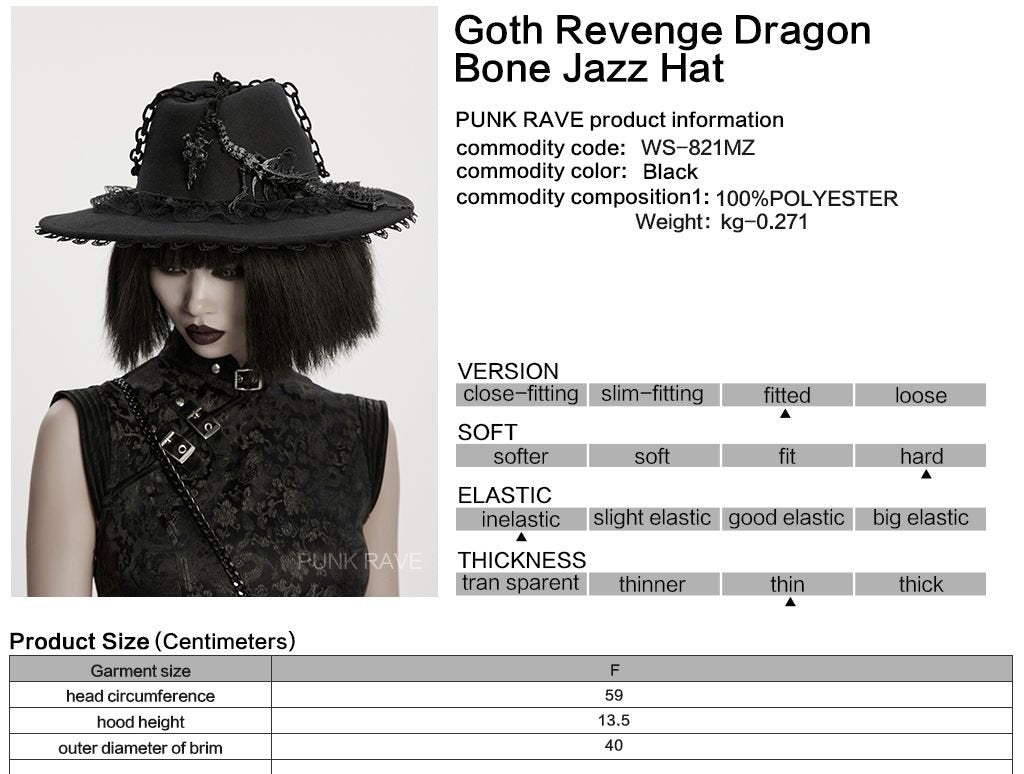 Punk Rave WS-821 black gothic hat with product, material and size information.