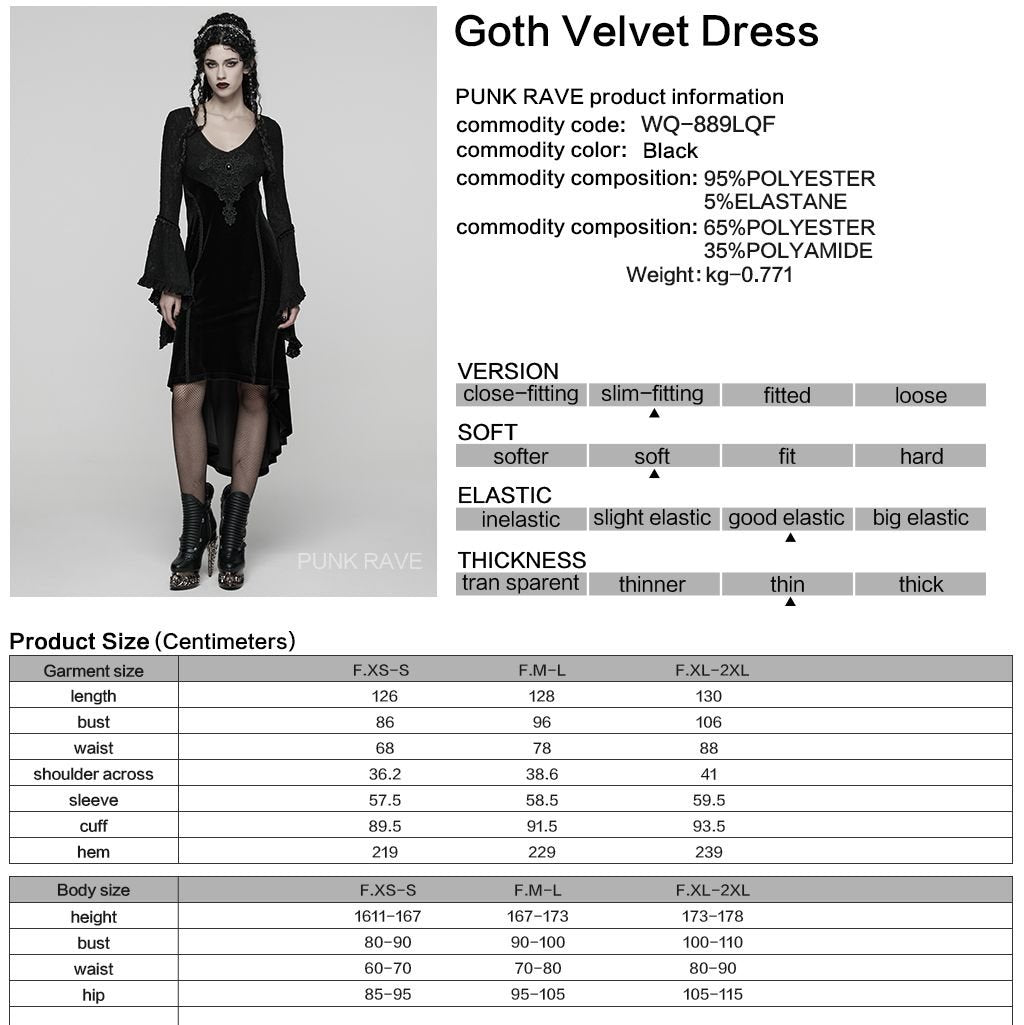 Punk Rave WQ-889 romantic gothic dress with product, material and size information.