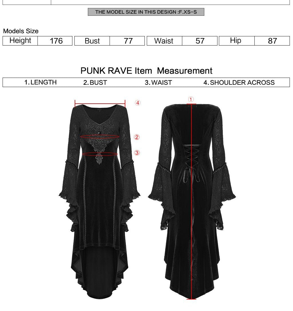 Punk Rave WQ-889 romantic gothic dress with measurement instructions for length, bust, waist and shoulder across.