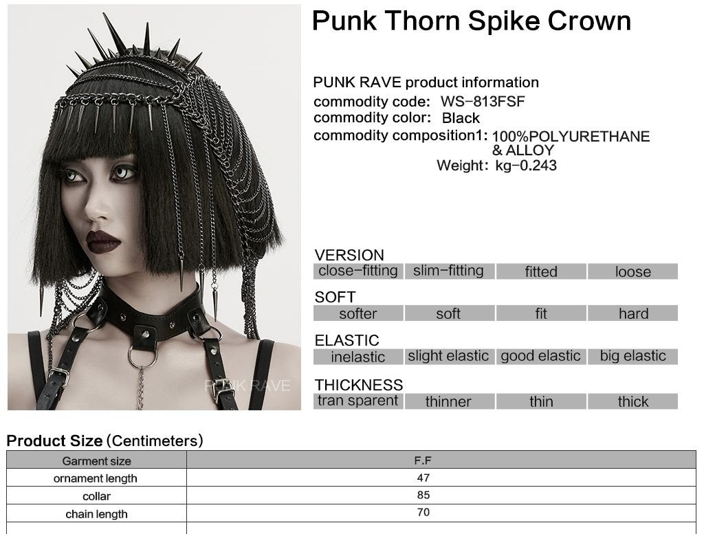 Punk Rave WS-813 gothic headpiece with product, material and size information.