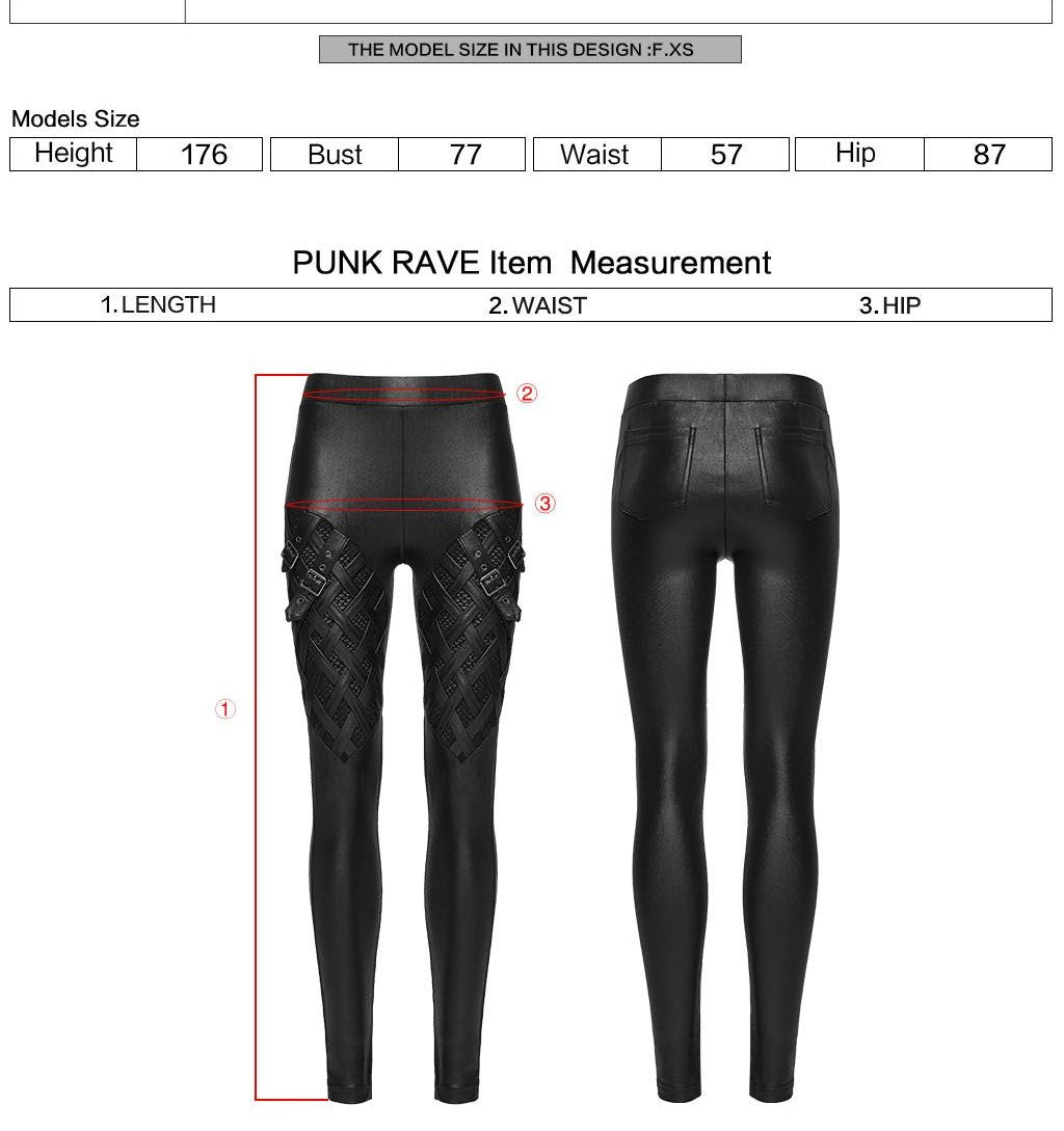 Punk Rave WK-739 dark raver leggings with measurement instructions for length, waist and hip.