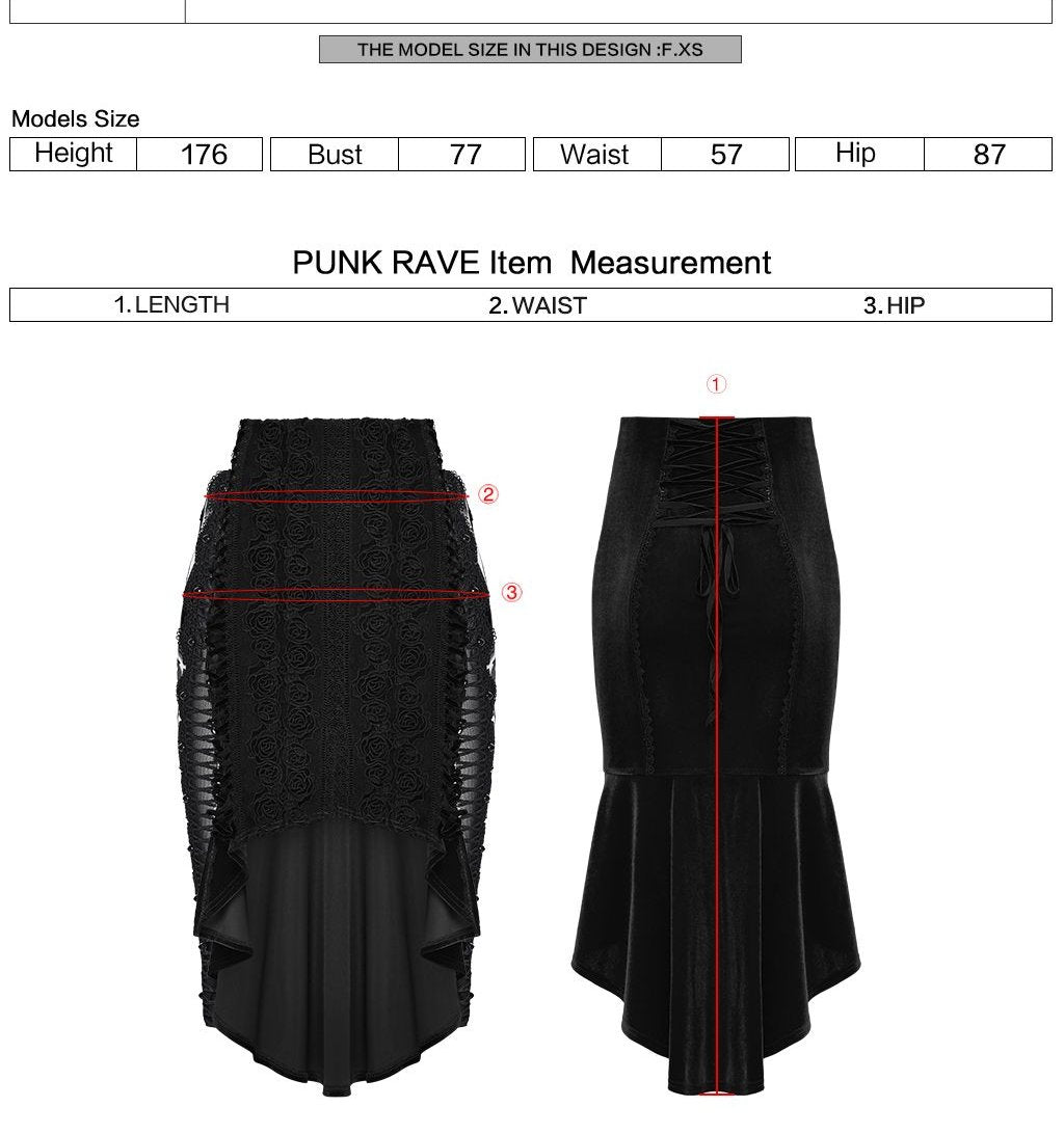 Punk Rave WQ-876 romantic gothic black midi skirt with measurement instructions for length waist and hip.