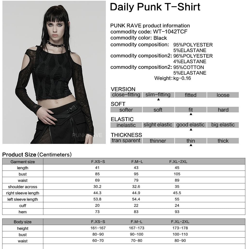 Punk Rave WT-1042 gothic top with product, material and size information.