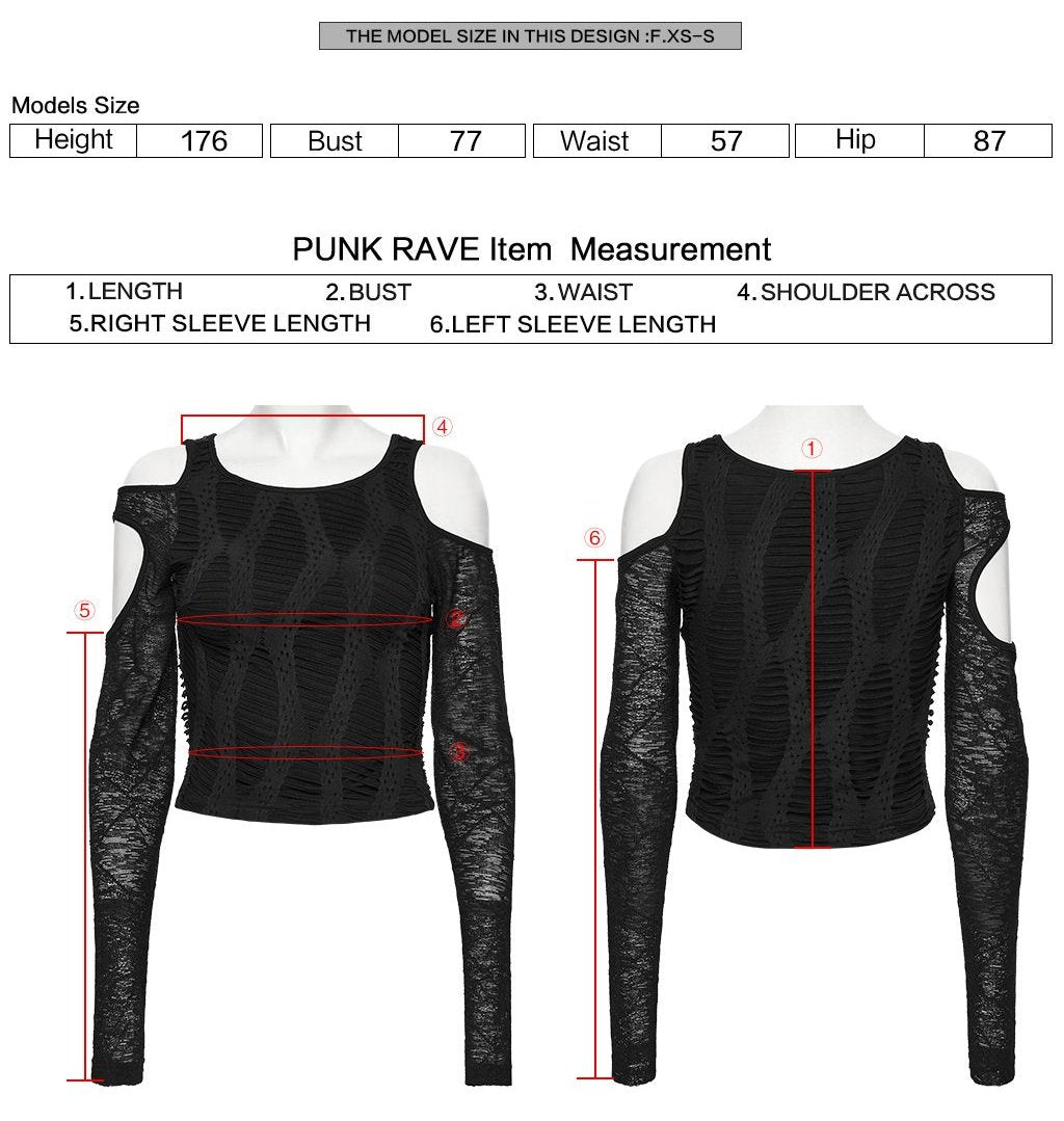 Punk Rave WT-1042 gothic top with measurement instructions for length, bust, waist, shoulder across and sleeve.