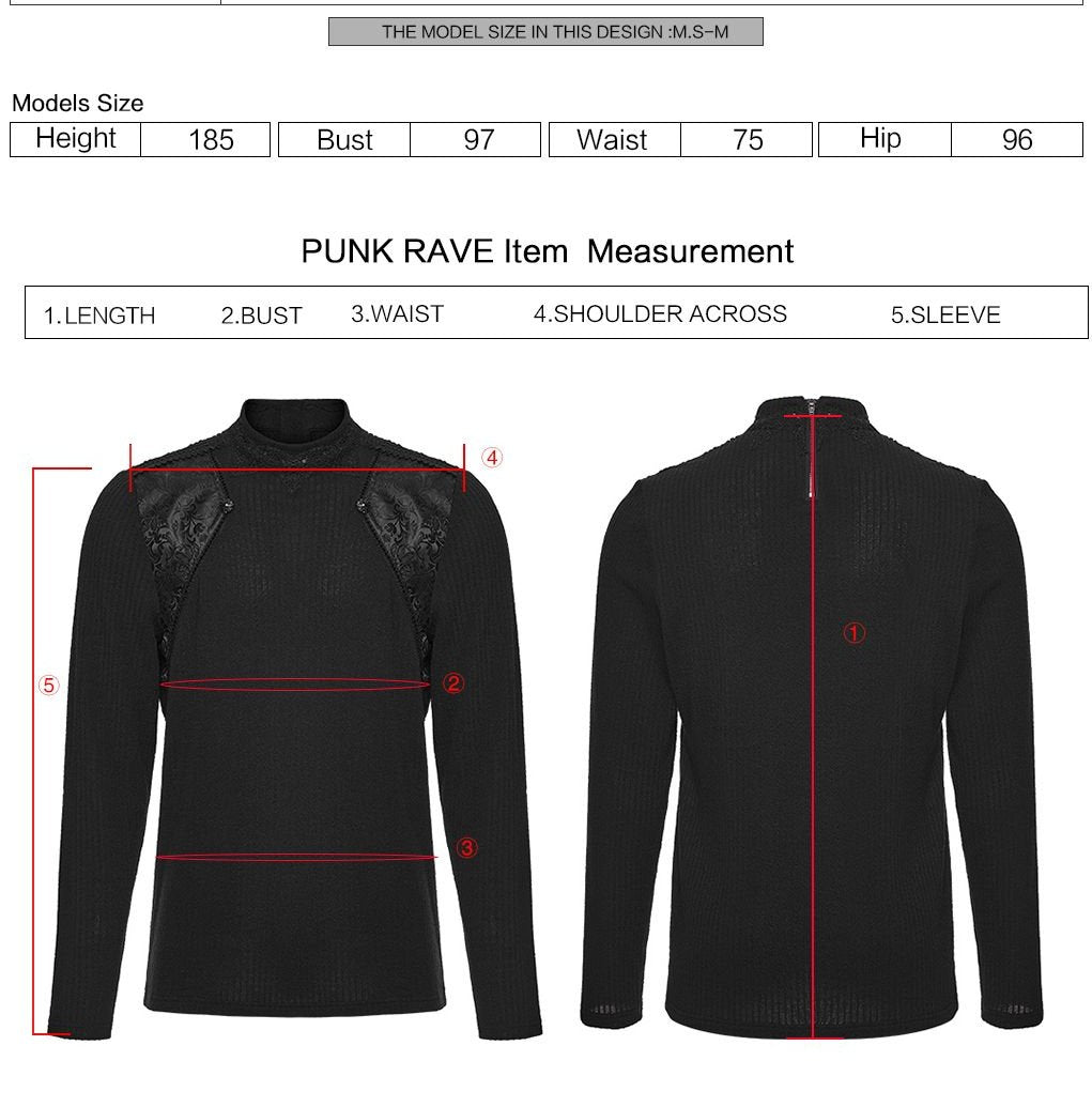 Punk Rave WT-1041 top with measurement instructions for length, bust, waist, shoulder across and sleeve.