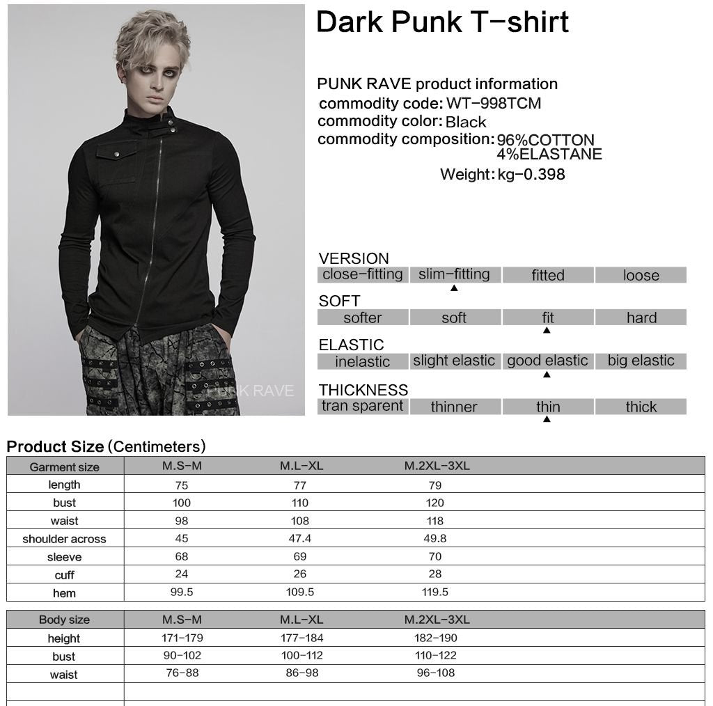 Punk Rave WT-998 industrial style men's shirt in black with product material and size information.