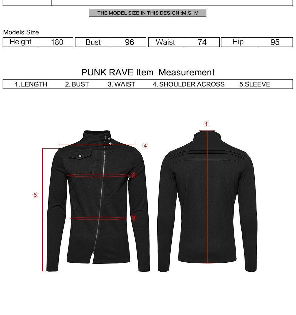 Punk Rave WT-998 industrial men's shirt in black with measurement instructions for length bust waist shoulder across and sleeve.