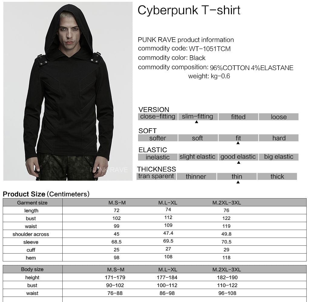 Punk Rave WT-1051 men's gothic top with product, material and size information.