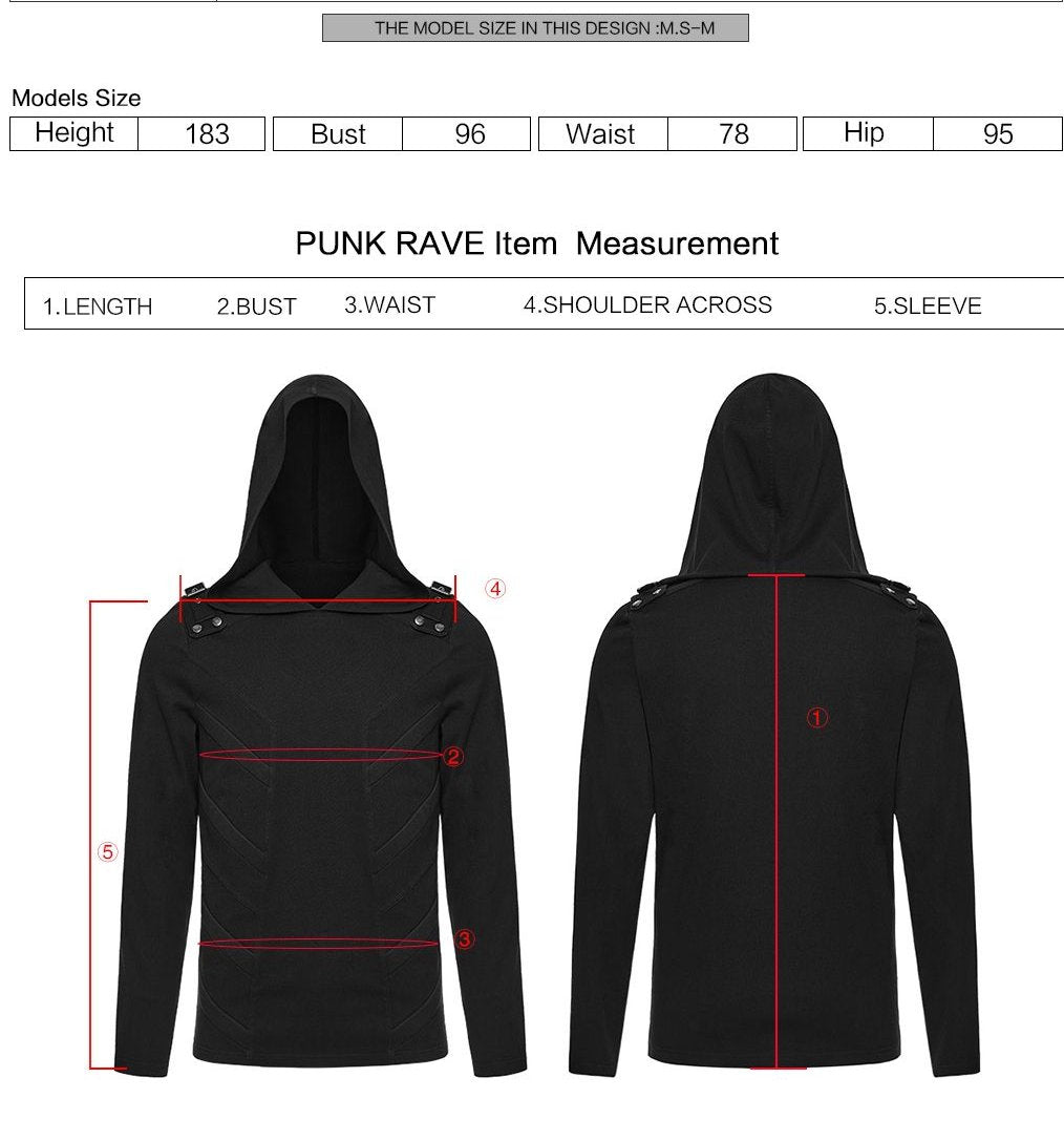 Punk Rave WT-1051 men's gothic top with measurement instructions for length, bust, waist, shoulder across and sleeve.