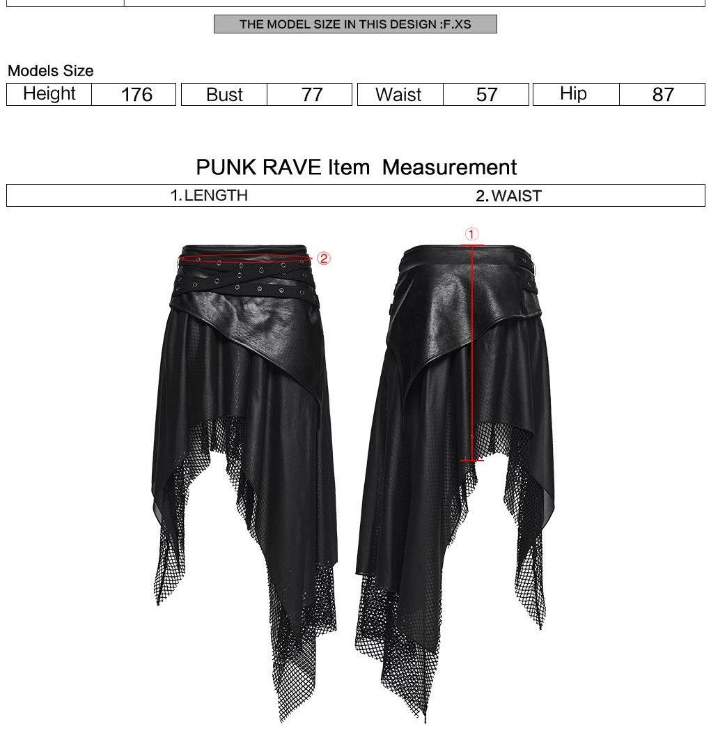 Punk Rave WQ-903 gothic layered skirt with measurement instructions for length and waist.