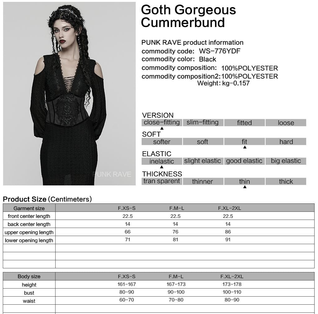 Punk Rave WS-776 black gothic underbust corset with product material and size information.