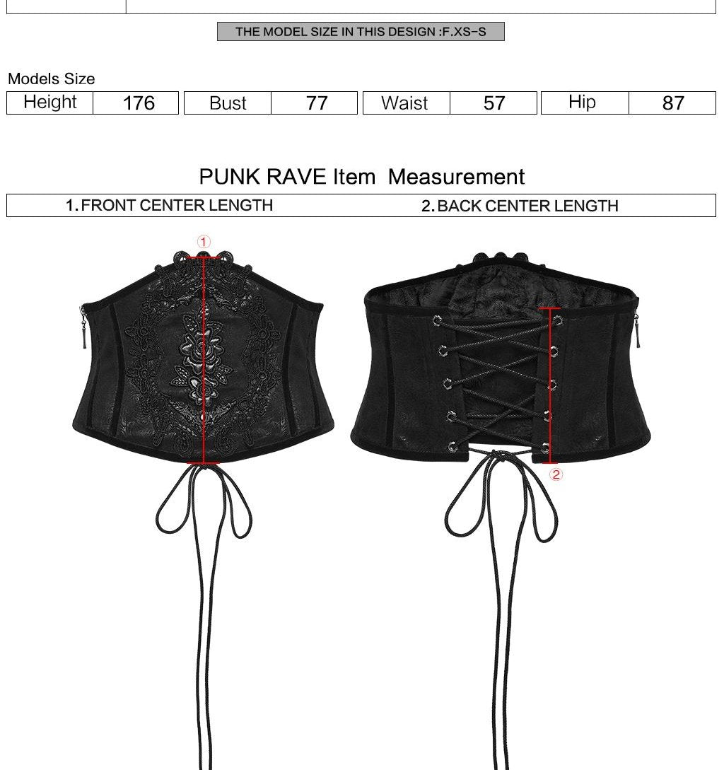 Punk Rave WS-776 black gothic underbust corset with measurement instructions for front center length and back center length.